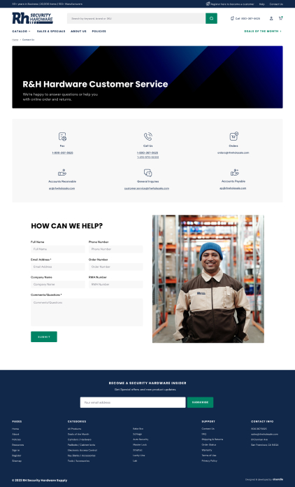 R&H Wholesale website contact page